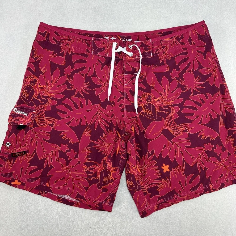 Maui Rippers Board Shorts Mens 32 Red Hawaiian Mermaid Floral Swim Tropical